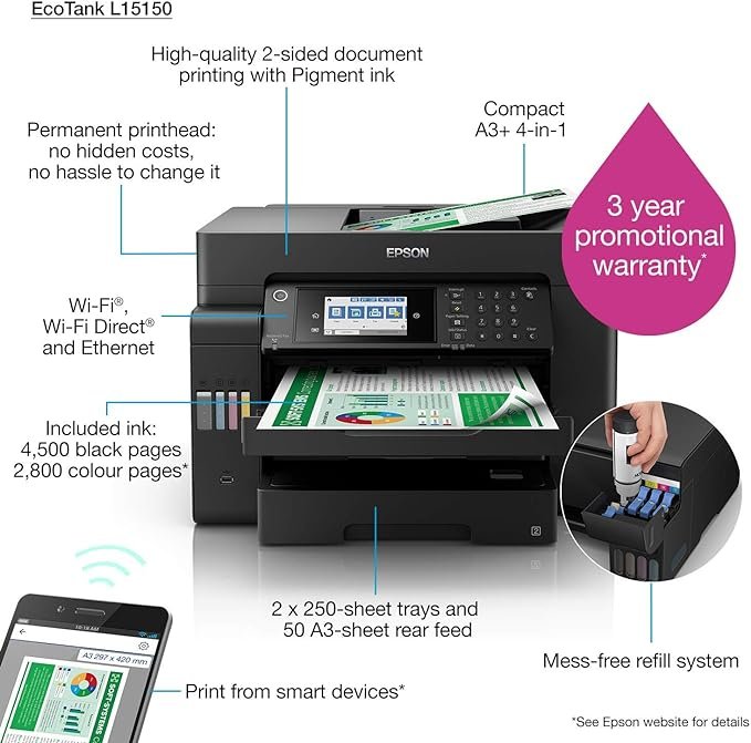 Epson EcoTank Printer | Print | Scan | Copy | Fax | L 15150 - الصورة 2